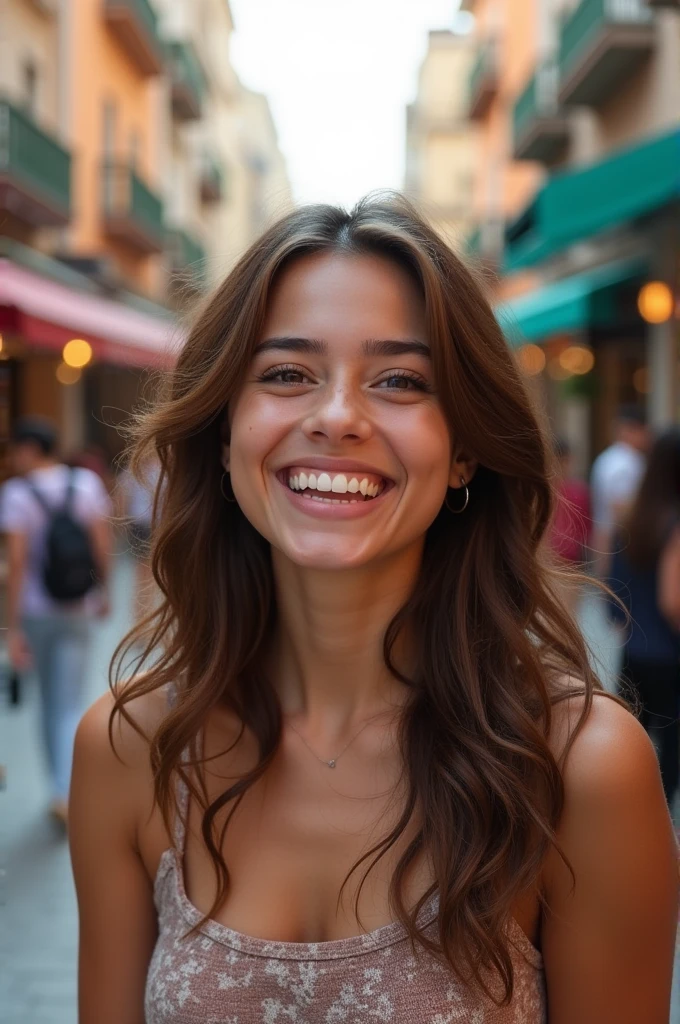 A young woman with long brown hair smiles brightly on a busy city street.