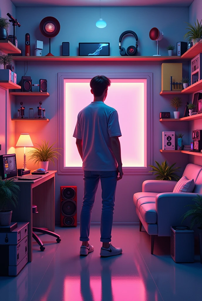 Create a 20yerar boy standing backside in front of the unique 20 numbers of different gadget like massager drone tripod vlogging light microphone sefistick photography light massaging kit speakers in shelves 