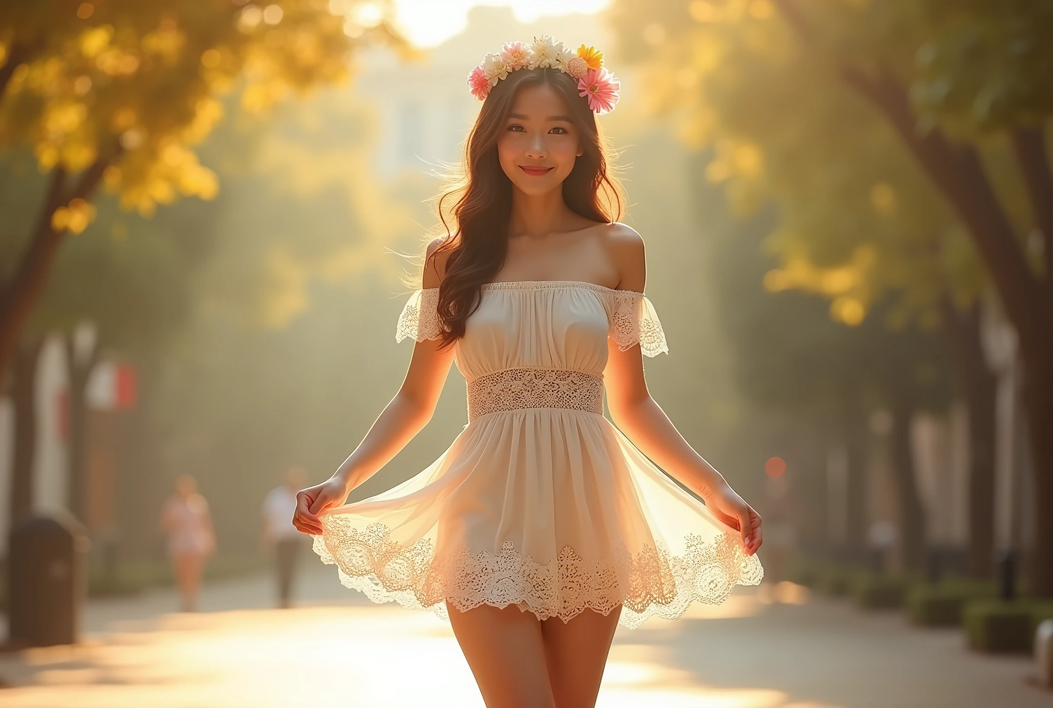 Lace,Ultra high quality,High heel,Long legs,Smile,Sunlight,Off-shoulder,Short skirt,full-body shot,Wear flowers on your head,student,charming,Lifting skirt