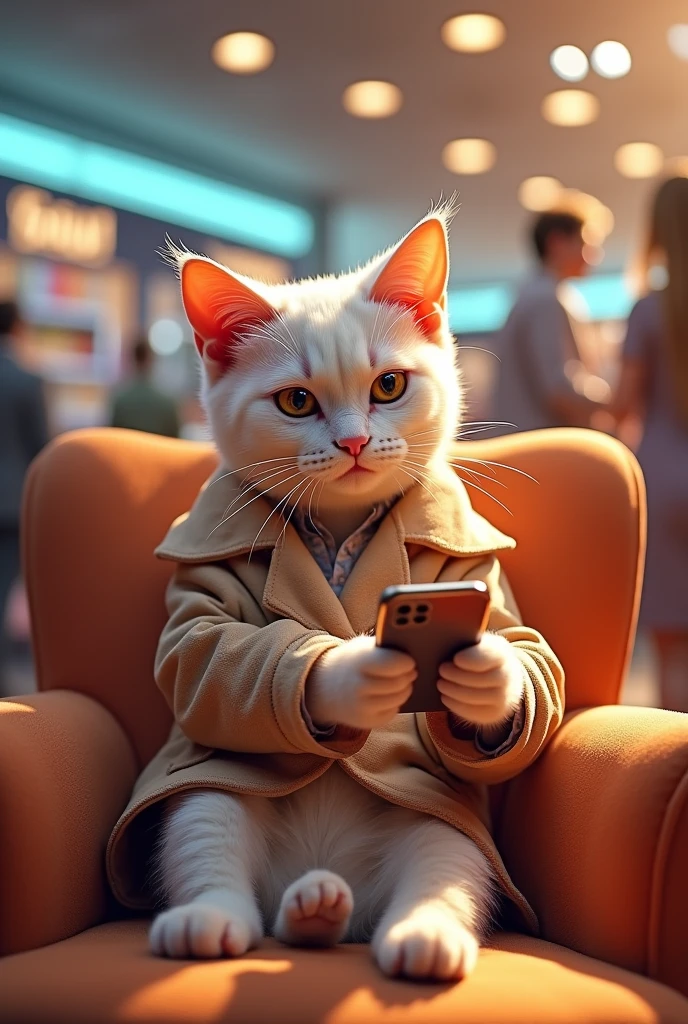3d image of a smiling cat in stylish clothes and false eyelashes sitting on a shopping store chair and talking to other cats, messing with an iPhone, busy and cheerful environment, cat eyes, clothing screens and people in the background, 4k artistic photo, perfect proportions, radiant glow, Second plan, attention to the details