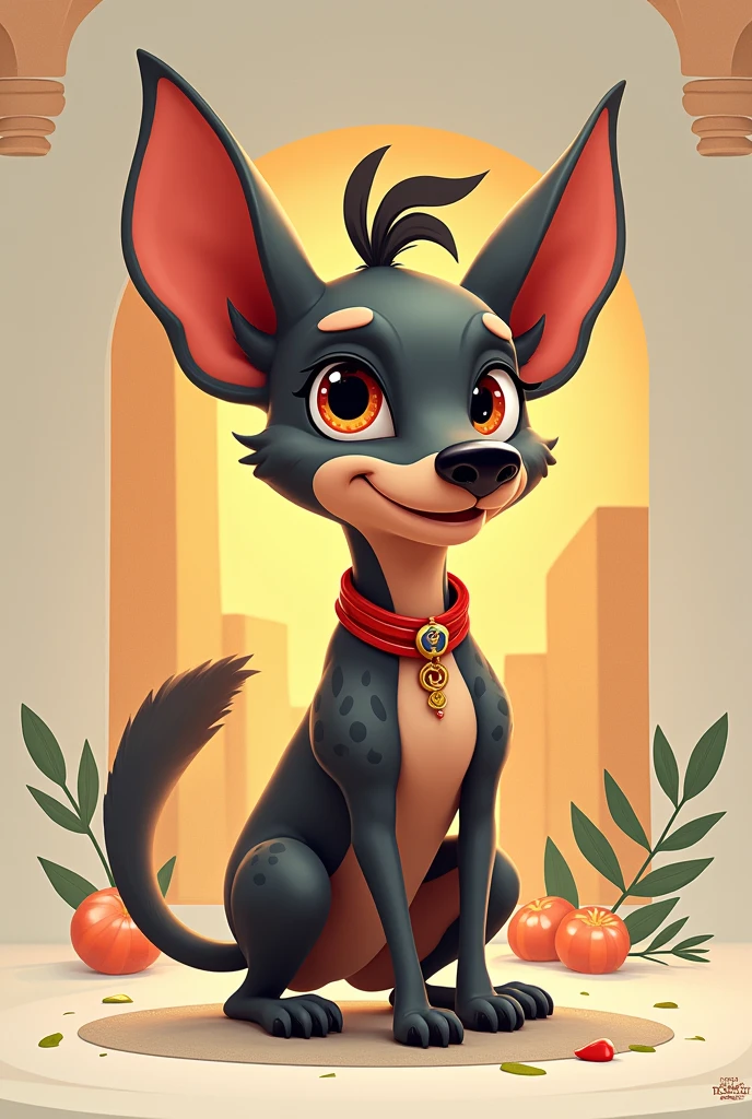 “Create an animated mascot design for the Pan American Games 2024 inspired by Milco, the former mascot of Lima 2019. This new mascot should be a Peruvian Hairless Dog, featuring its distinctive traits: minimal hair on its head resembling a small topknot, and a sleek black or grayish skin with spots. The design should capture the spirit of the games while highlighting the cultural significance of this unique breed. The mascot should have a friendly and dynamic expression, with traditional Peruvian motifs subtly incorporated into its design, representing both modern and ancient Peruvian culture.”