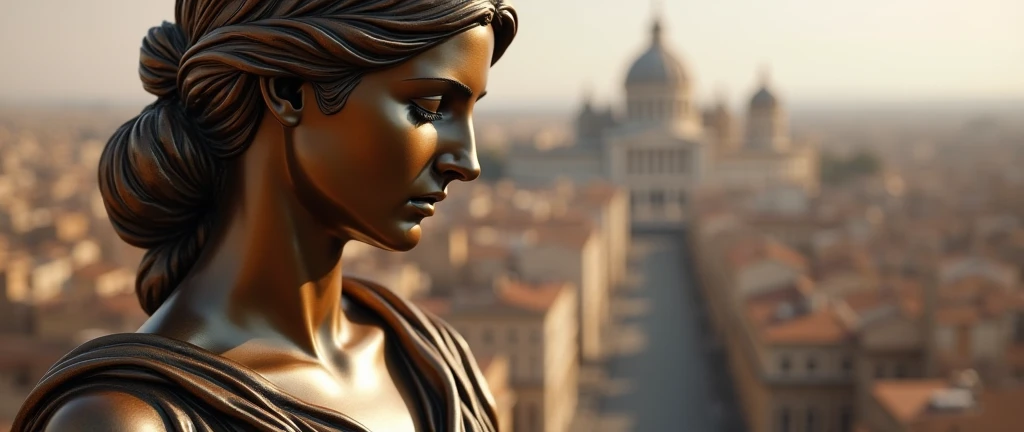 the face and shoulders of a muse with closed eyes, roman robes, the city of Rome tanned in the background, infinite background, hyperrealistic bronze sculpture