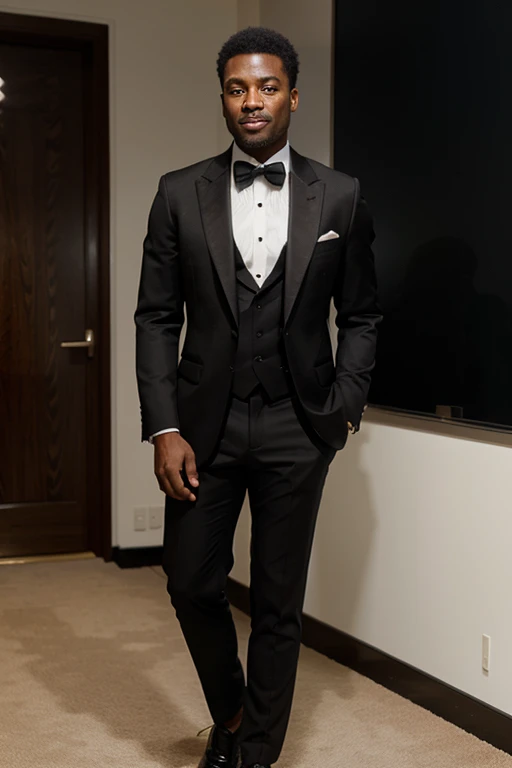 generate a picture of a rich black american wearing a formal attire for an event with a minimal background ((whole body)) 

