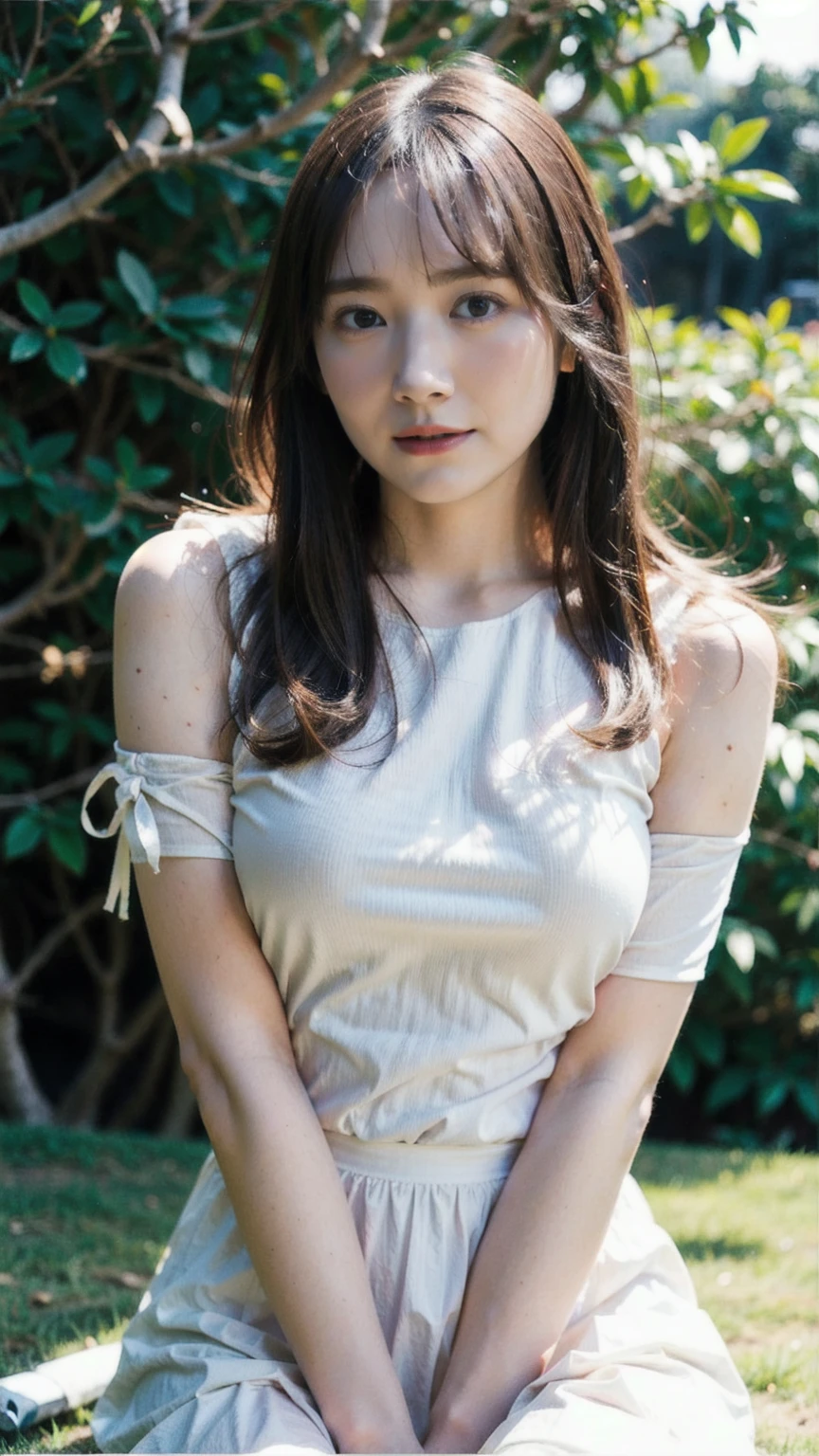 (Raw photo, Best Quality), (Realistic, Photorealsitic:1.3), masutepiece, Extremely delicate and beautiful, Soft light, (Brown hair, Shoulder-length straight hair swaying in the wind), Beautiful detailed girl, (Detailed fingers), extremely detailed eye and face, beautiful detailed nose, Beautiful detailed eyes, 1 girl, Japanese, Neat and clean beauty, Cute, young, white dress, Pants, (Half body:1.3), (big breasts:1.3), Realistic face, Realistic body,