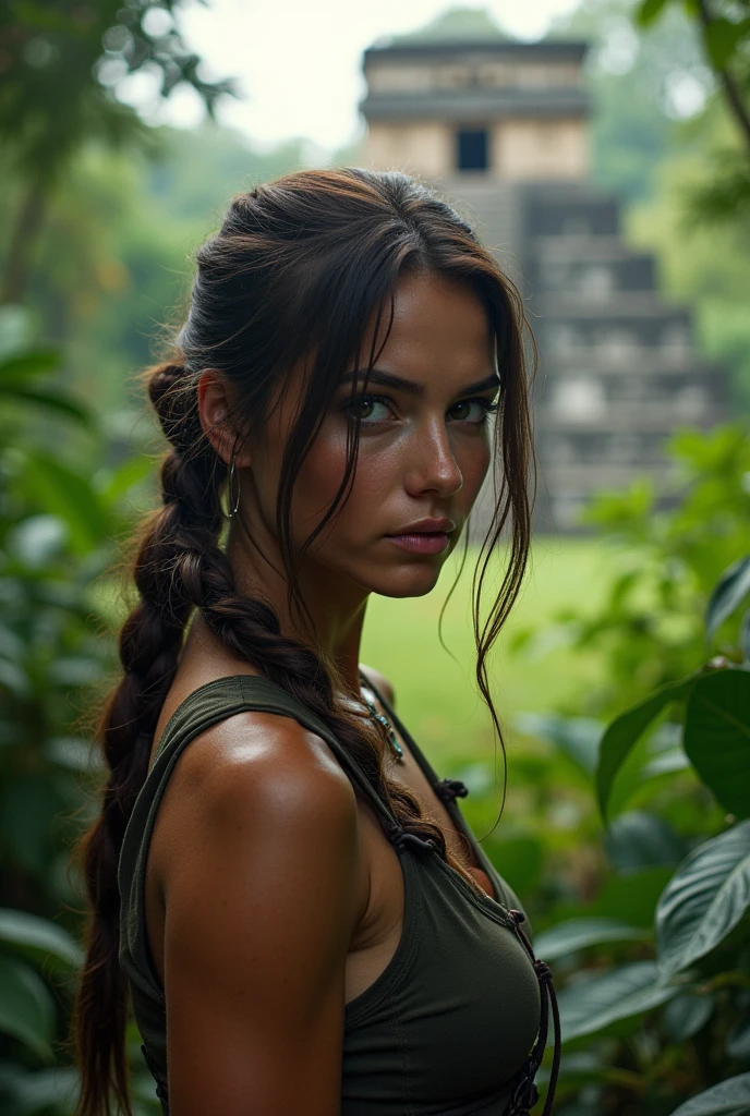 Lara croft de face dans la jungle, In the background you can see some Mayan ruins