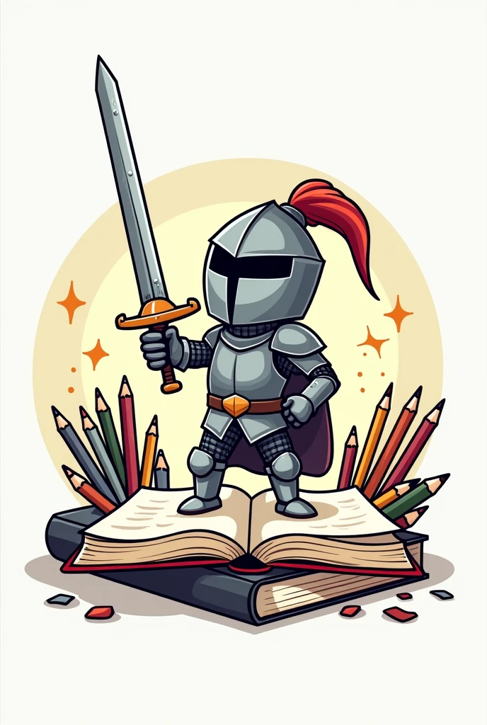 Round logo that has a cartoon drawing of a knight holding a pencil as a sword and is standing on a book in an empowered way and in the background has utensils like sheets of paper, pencils, rules and toys