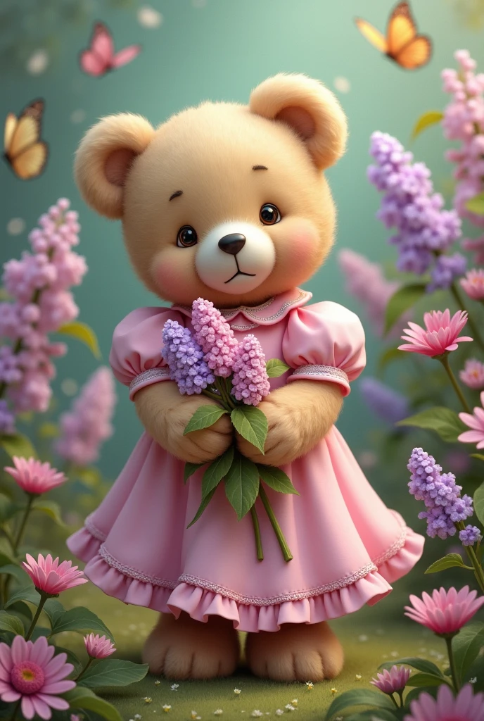 Drawing of a vintage teddy bear in a pink dress in a garden with flowers and butterflies holding a lilac and pink flower