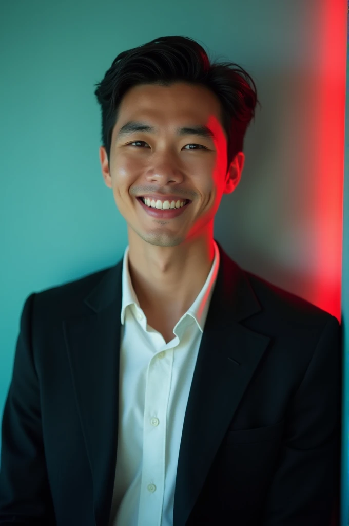 A young man with dark hair and a confident smile. He is dressed in a black blazer over a white shirt. The man is positioned against aqua colour backdrop with a subtle red lighting on the left side. and he posing for Linkedin profile
