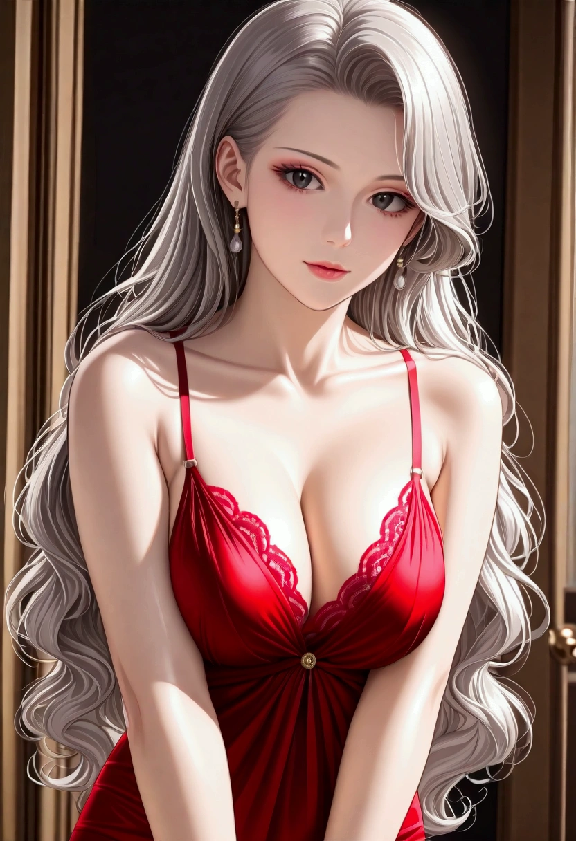 score_9, score_8_superior, score_7_superior, High-resolution CG illustration,A masterpiece in 32K resolution,Highest quality,it is really amazing,Very detailed,Ultra-high resolution,Ultra-realistic,Realistic,Increased depth of field,Cinematic lighting,
Elegant mature Japanese woman,
Shiny silver hair,Wavy long hair,Showing his forehead,god々Beautiful,Ultra-detailed and beautiful face,Sensual look,Beautiful dark brown, moist eyes,Pitch black eyes,Glowing, moisturized skin,Translucent white skin,born々New skin texture,Great proportions,
Elegant wine-red slit dress,spaghetti straps,Deep slit,Detailed and beautiful lace decorations,born地の柔らかな質感,
Black panties,
Black Stockings,
高層ビルの屋superior,Background of big city night scene,
Dramatic Angle,