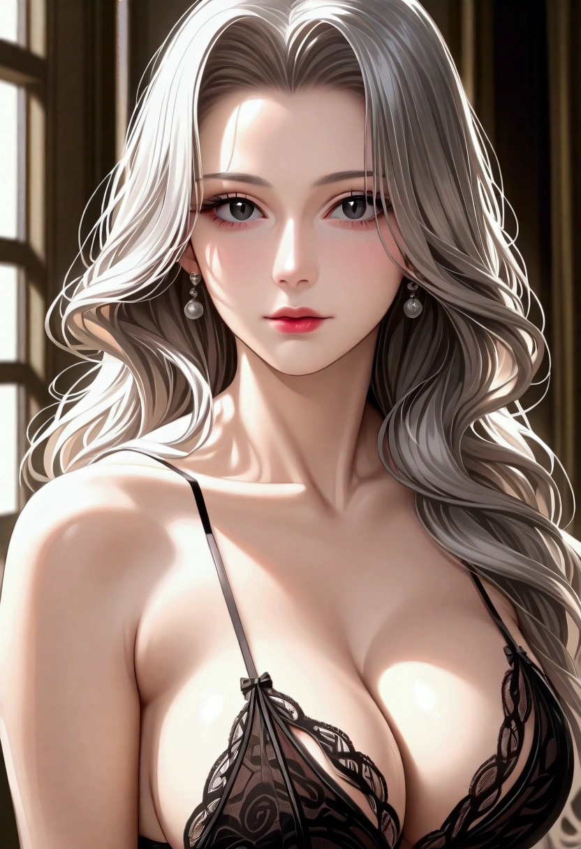 score_9, score_8_superior, score_7_superior, High-resolution CG illustration,A masterpiece in 32K resolution,Highest quality,it is really amazing,Very detailed,Ultra-high resolution,Ultra-realistic,Realistic,Increased depth of field,Cinematic lighting,
Elegant mature Japanese woman,
Shiny silver hair,Wavy long hair,Showing his forehead,god々Beautiful,Ultra-detailed and beautiful face,Sensual look,Beautiful dark brown, moist eyes,Pitch black eyes,Glowing, moisturized skin,Translucent white skin,born々New skin texture,Great proportions,
Elegant wine-red slit dress,spaghetti straps,Deep slit,Detailed and beautiful lace decorations,born地の柔らかな質感,
Black panties,
Black Stockings,
高層ビルの屋superior,Background of big city night scene,
Dramatic Angle,