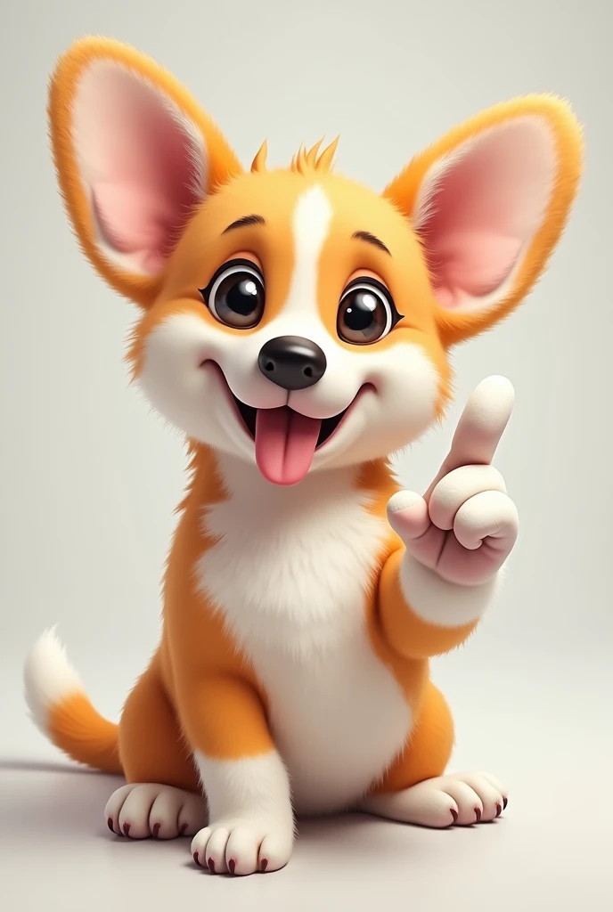 Picture of an 8-month-old corgi dog making a funny face and raising his middle finger.
