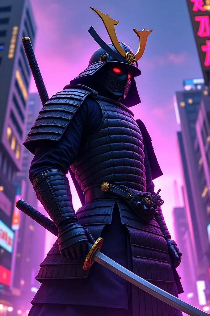 Create an image of a samurai in Tokyo with purple cartoon lights