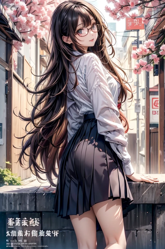 ((Highest quality)), ((masterpiece)), (detailed), (High contrast natural side sunlight, Dynamic Lighting, Cinema Lighting), Anime Style, (((whole body))), Cute Japanese, ((Rear view, look back)), Looking at the audience, smooth, fair skin, Exaggerated super long hair, Black straight hair、Wavy head and tail, 長い髪がWindになびく, ((Extremely fine hair)),  Cute, isn't it?, Long upper eyelashes, Thin eyebrows, Big eyes, amber pupil, Ultra-detailed eyes, A little blush, smile, Exquisite rimless glasses, detailedな顔, detailed face, Small Nose, Small lips, rest, 
((Symmetrical clothing, uniform, White button-down shirt, Black pleated student skirt, dark stockings, Dark colored school shoes)), Perfect clothing texture, Perfect body structure, Attractive figure, Long and sexy legs, Perfect foot quality, Perfect touch, Beautiful hands and feet, Beautiful fingers, rest, (Beautiful Wind scenery), (Micro Wind Outdoor), Wide street in a quiet Japanese town, Spring Morning, (Wind), (cherry blossoms), whole body images, ((Perfect composition)), emphasize the subject, (detailedな背景:1.5), オリジナルphotograph, CG unity, photograph, シュールなdetailed, concentrate, (Distorted depth of field blurred background), [[Color Saturation]], (和Windphotograph:0.3), (magazine:1.4), (Cover Style:1.3)