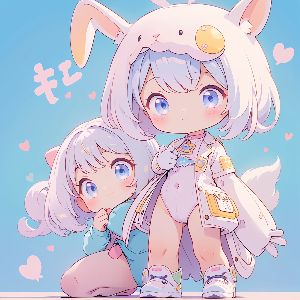 A cute little guy wearing a rabbit costume、fluffy、Loose、pastel colour、Highest quality、Masterpiece、Milky white hair color、kawaii tech,