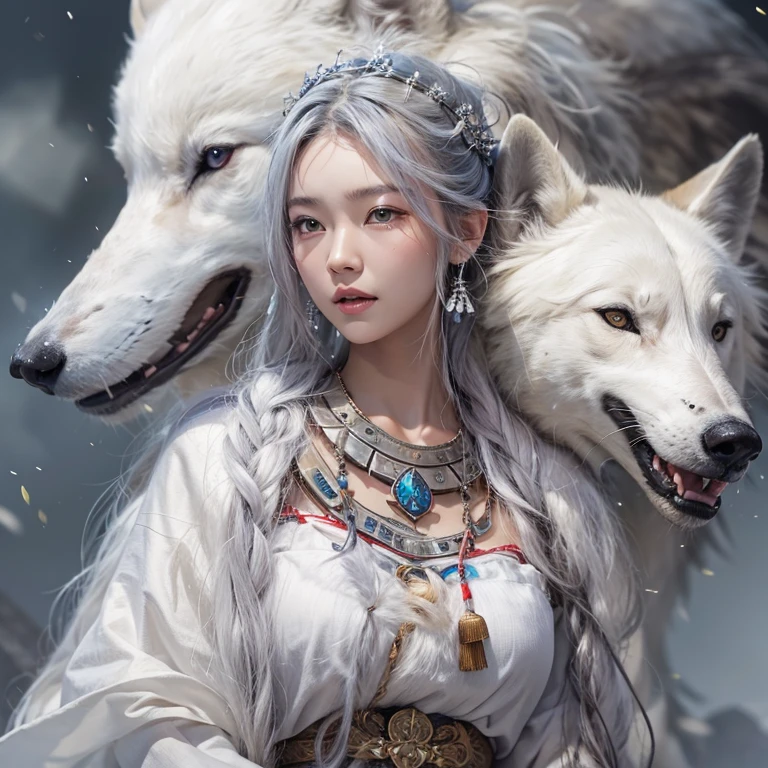 Shirakami-Sanchi、Hair Flow、 ((Highest quality、masterpiece、8k、Best image quality、Ultra-high resolution、Award-winning works)、(Accurate anatomy:1.1)、(Look at me and smile:1.1)、Shining fair skin with Ultra-high resolution、The most detailed face、Ultra-high resolution detailed face、Ultra-high resolutionの髪の毛、(Ultra-high resolutionの煌めく瞳:1.1)、Beautiful face drawn in every detail、(Blurred Background:1.1)、Inuit in white clothes, Inuit clothing, Chest to chest, tattoo、A real giant condor next to you。Observe the white wolf