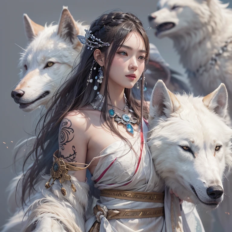 Shirakami-Sanchi、Hair Flow、 ((Highest quality、masterpiece、8k、Best image quality、Ultra-high resolution、Award-winning works)、(Accurate anatomy:1.1)、(Look at me and smile:1.1)、Shining fair skin with Ultra-high resolution、The most detailed face、Ultra-high resolution detailed face、Ultra-high resolutionの髪の毛、(Ultra-high resolutionの煌めく瞳:1.1)、Beautiful face drawn in every detail、(Blurred Background:1.1)、Inuit in white clothes, Inuit clothing, Chest to chest, tattoo、A real giant condor next to you。Observe the white wolf