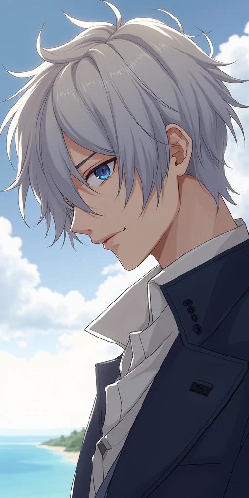 Satoru Gojo, anime, boy, elegant, handsome, White hair, blue eyes, with a blue sky landscape, Mar 