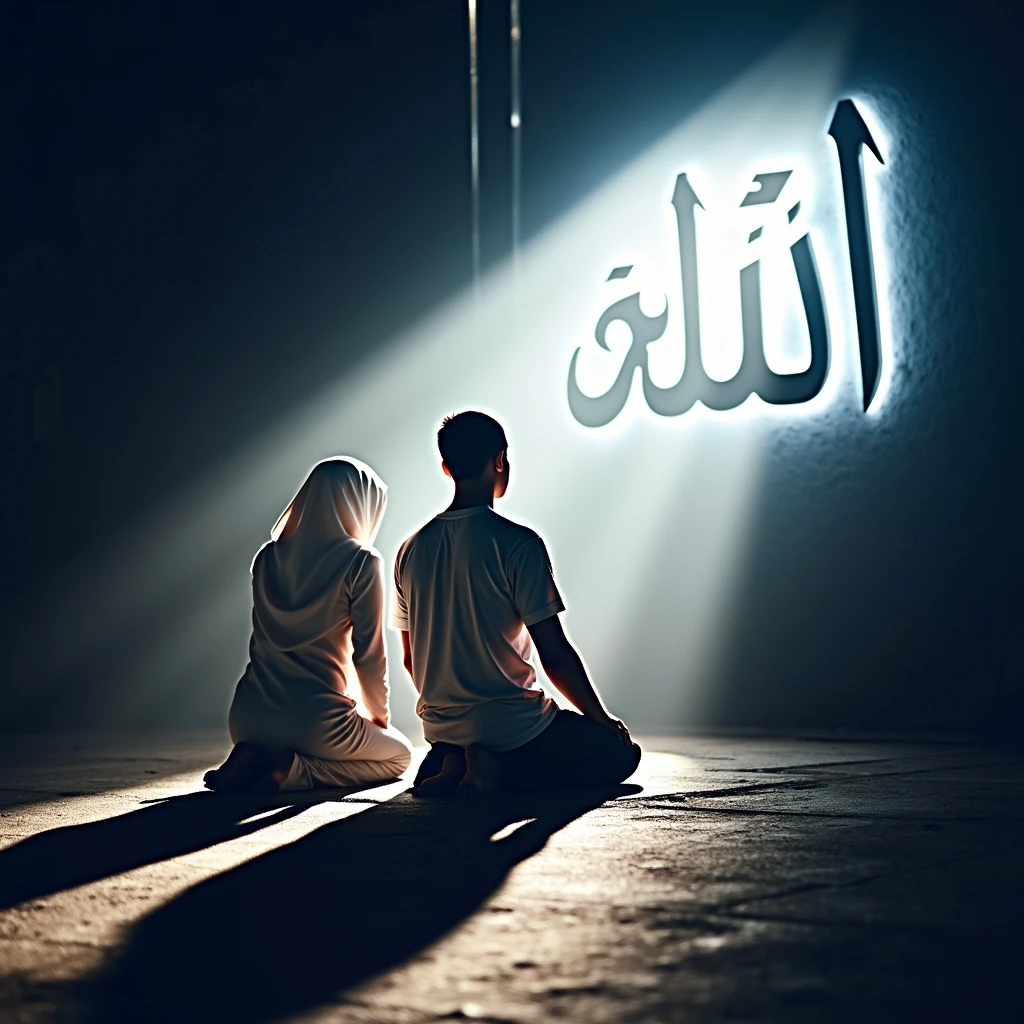 An Indonesian Muslim man and woman, both of them were prostrating, in front of them the Arabic writing 'Allah' was shining brightly, the light of the writing shone on the man and woman. providing a sharp contrast between darkness and light. an atmosphere full of calm and peace. photo taken from the side