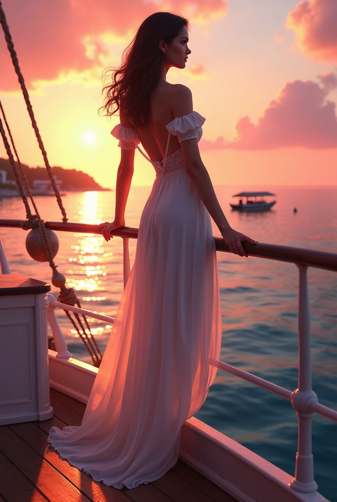 Woman posing in a dress with her back completely uncovered, leaning on the railing of the bow of a ship, looking at the horizon where he sees a small island and some rafts. In the sky a beautiful sunset of pink and orange colors.
