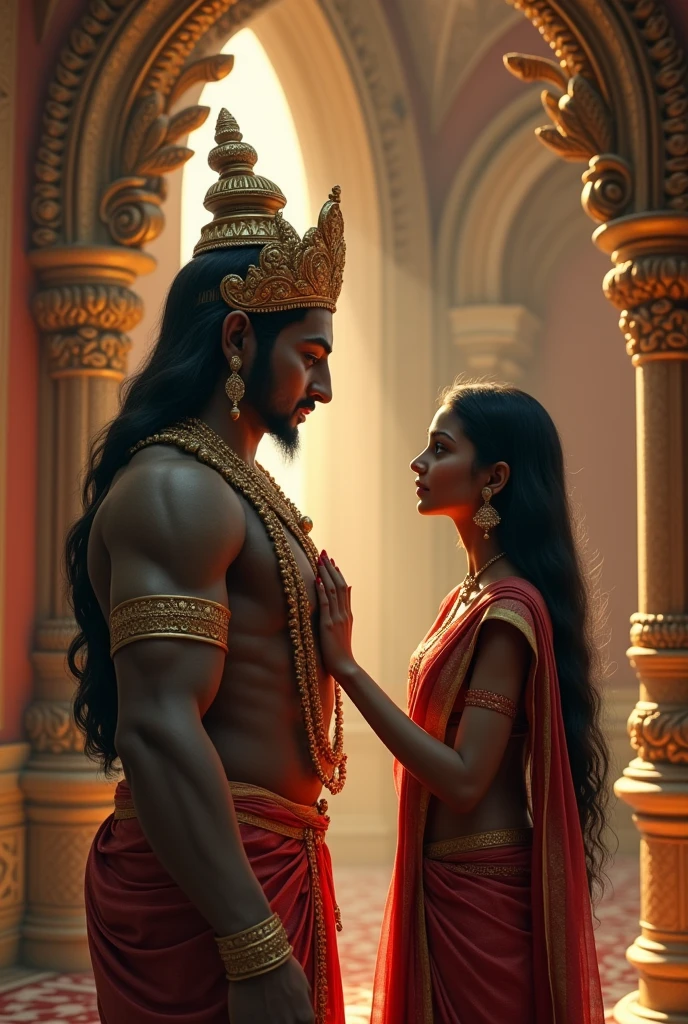 Create an image of an indian girl Saranya living in Valery Kogan's Caesara mansion. Saranya putting her hand on God Vinayagar's chest and look in his eyes