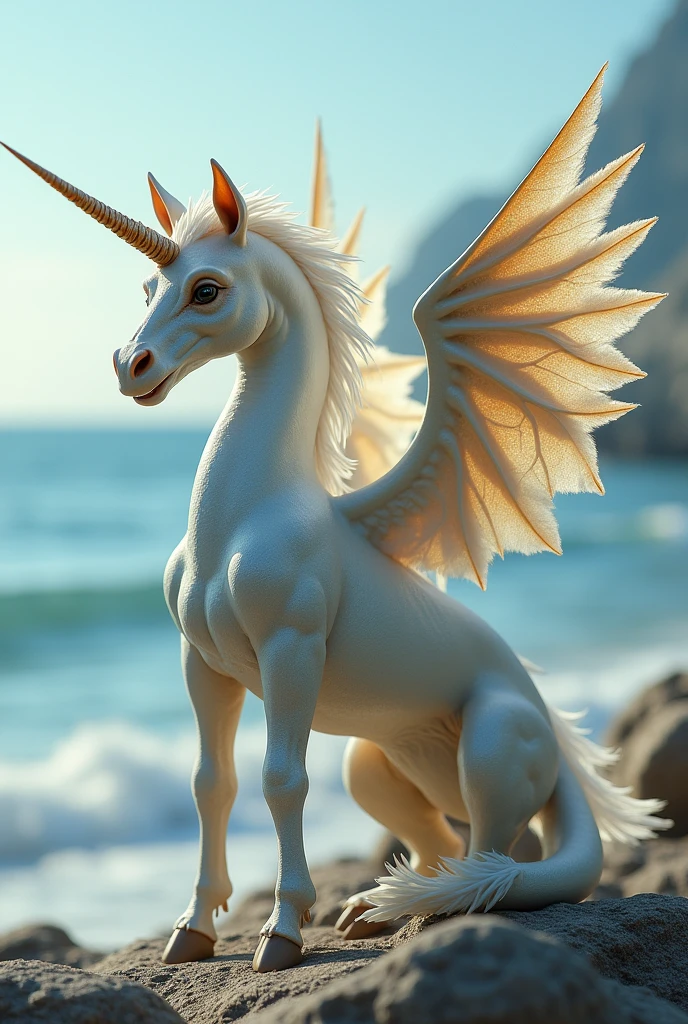 A fusion of unicorn with pegasus and dragon wings that looks tender and a little real and in the background something relaxing like the sea