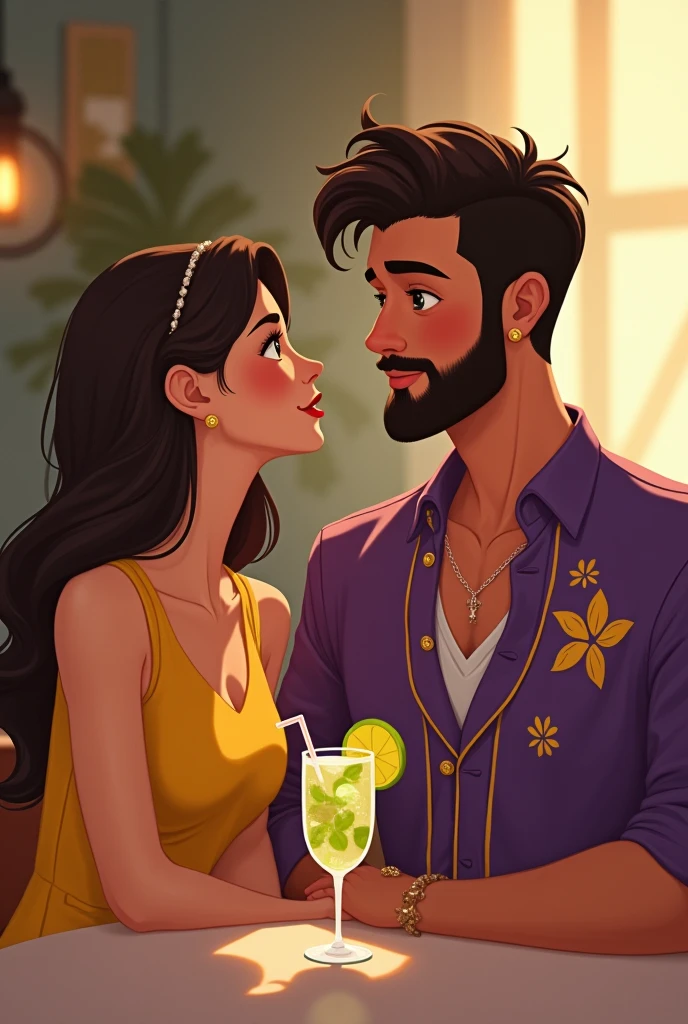 A boy and girl sitting in a cafe And talking to each other, girl wearing yellow dress and boy is wearing purple shirt with golden flower pattern on it. on the table they have mozito .
Show the ambience and boy has some beard and moustache. Boy and girl must be good looking and keep a bit distance between them