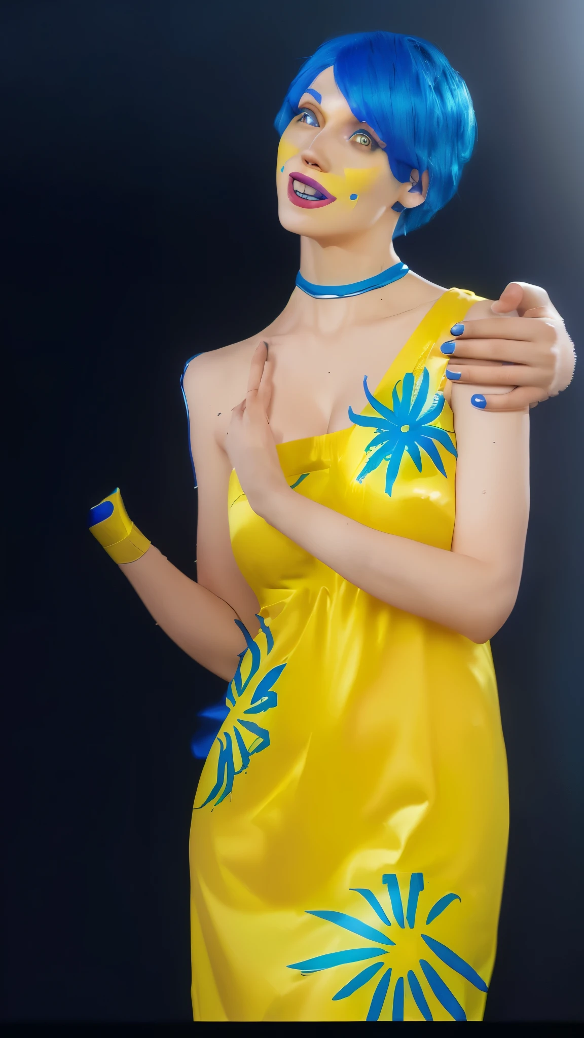 there is a woman with blue hair and a yellow dress, short blue haired woman, in blue and yellow clothes, girl with blue hair, little angry girl with blue hair, weird expressionist pose, lady using yellow dress, wearing a plastic blue dress, marge simpson, 3 d render character art 8 k, render of a cute 3d anime girl