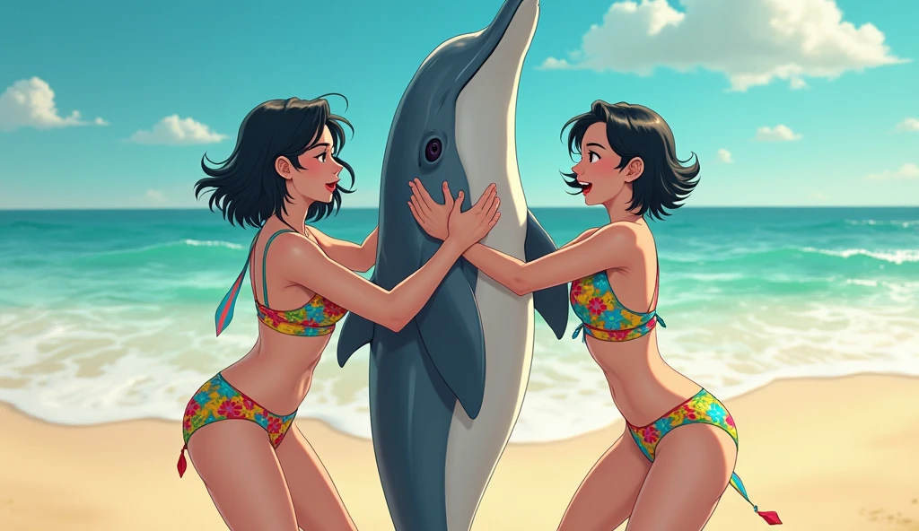 Three young women in swimsuits are catching a large dolphin on the beach.、high resolution、Asian、Holding a dolphin、There are also women with short haircuts.