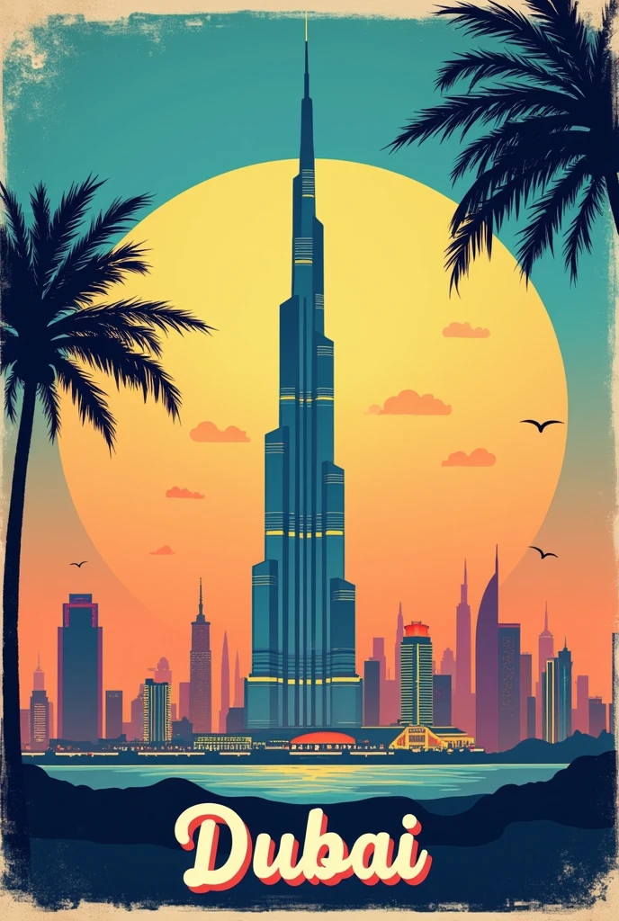 A vibrant, colorful poster featuring the Burj Khalifa towering over the Dubai skyline. The poster has a retro, vintage style, with a gradient background of blue, orange, and yellow. The Burj Khalifa is depicted in a minimalist, geometric style, and the skyline is represented by a series of smaller, stylized buildings. Palm trees are silhouetted in the foreground, and the text "Burj Khalifa" and "DUBAI" is displayed in bold, white letters with a slightly vintage font style. The overall atmosphere is modern yet nostalgic.