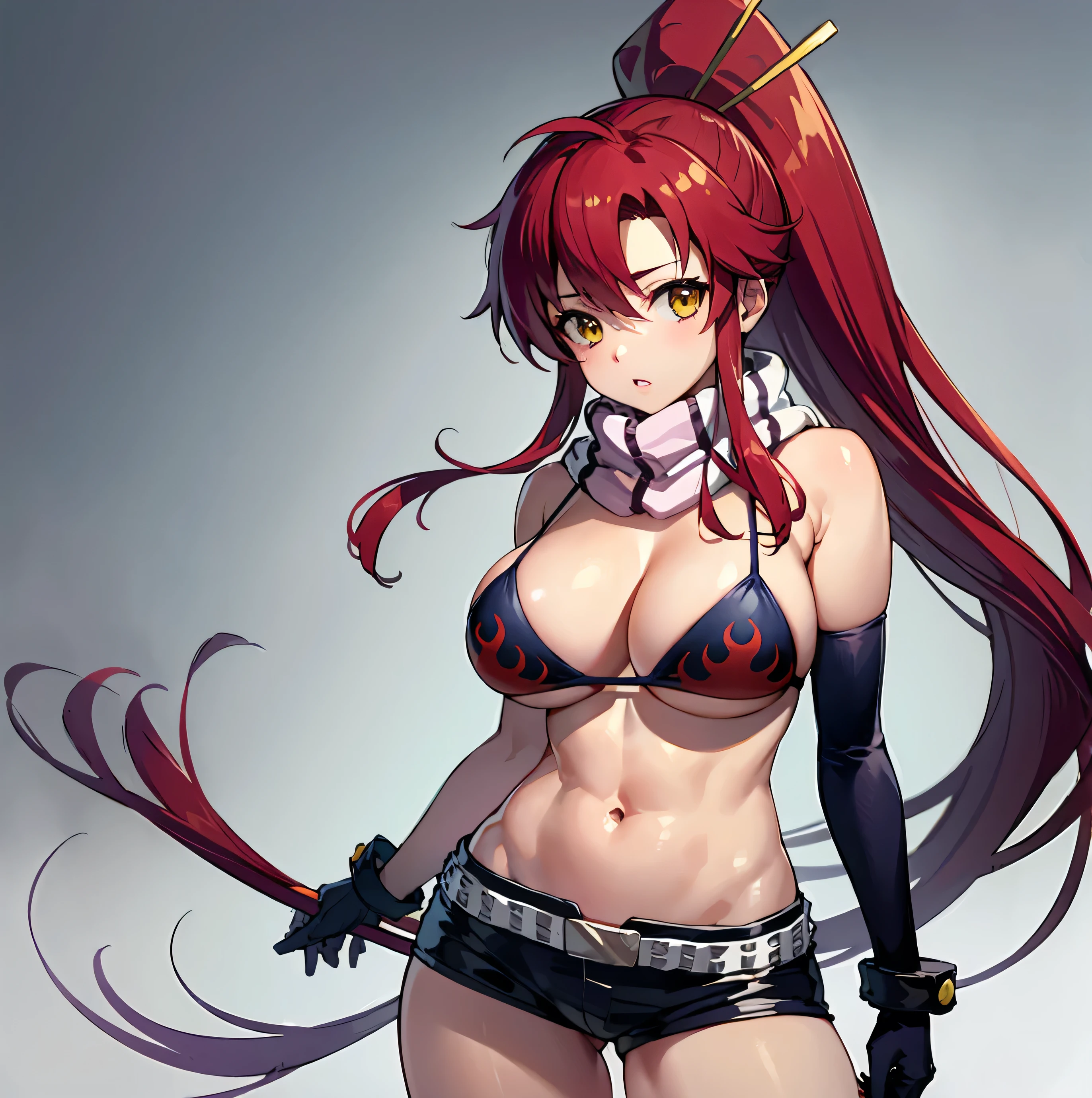 One girl、cool、sexly、solo、black bikini top、Big Breasts、cleavage、had large breasts、Bare shoulders、Black gloves、in a triangle bikini top、Flame print、hair ornaments、Long Hair、Red hair、ponytail、scarf、Shorts、bikini top with an black、Expressionless、Lips parted、Yellow Eyes(zeroの目)、Yoko Ritenour、Yokori、Highest quality、masterpiece、zero、Weak、Are standing、looking at viewer、Cowboy Shot、Female focus、