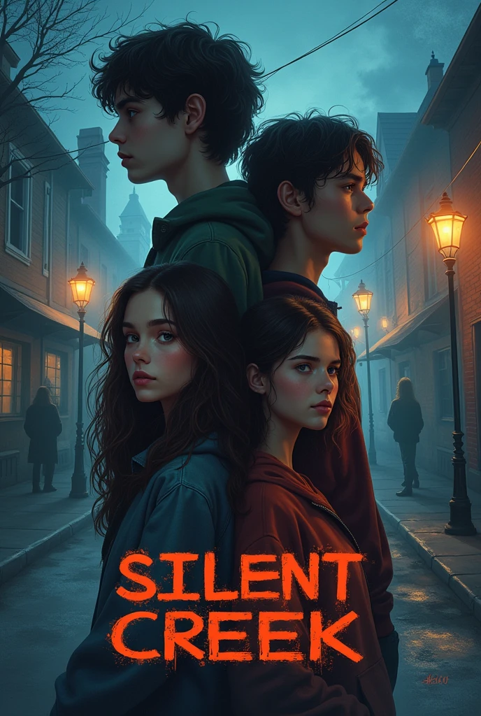Cover for a book about a mysterious town with four protagonists, two male teenagers and two female teenagers, title of the book Silent Creek. Do something Riverdale style