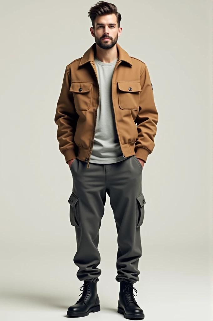 A man wearing a light gray t-shirt with a light brown long knee-length coat, dark gray sweatpants, and black short boots