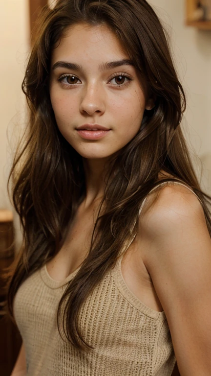 beautiful girl, long light brown hair, brown eyes, spanish girl, photo imperfections, 19 yeards old, thin mouth, eyes slightly upstream, round head,
facing the camera