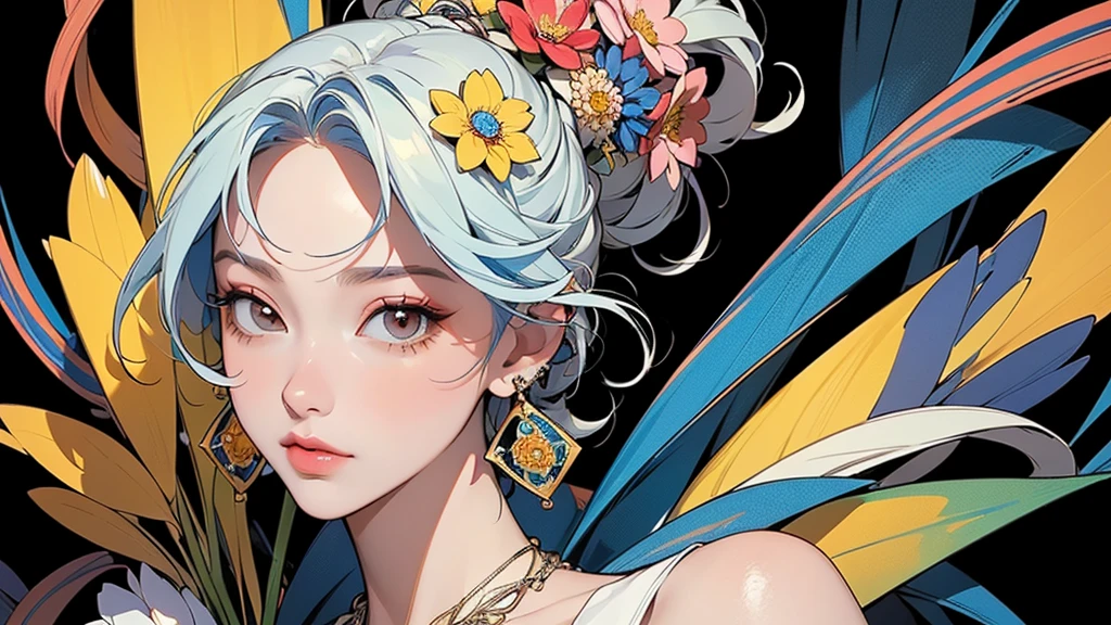32K, 最高quality, 最高masterpiece, (ultra-Detailed Background, Detailed Background), High resolution, Super detailed, Very detailedな, 1 personの, (bouquet:1.3), (Tangled:1.2), (Geometric:1.2),(colorful),(masterpiece, quality, best quality, Official Art, Beautiful and beautiful:1.2), (1 person:1.3), Very detailed,(colorful:1.1)(Flowers:1.3),Most detailed,(Tangled:1.2), whole body, (Abstract background:1.3), (Skin glows), (Many colors:1.4), ,(Earrings Jewelry:1.5), Yellow background, It's imaginative., Milk tea colored hair, Updo,