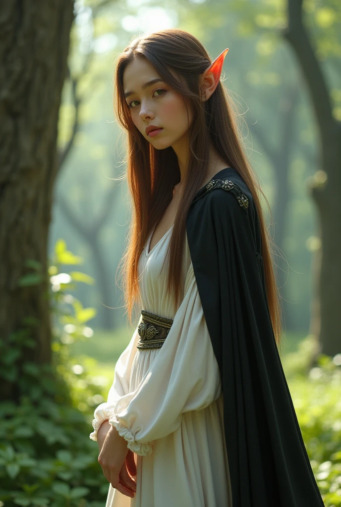 Sweet elf with brown long smooth hair. White dress. whole body. elf ears. young adult woman. black cape  with white dress. in a forest. straight hair. Straight hair 