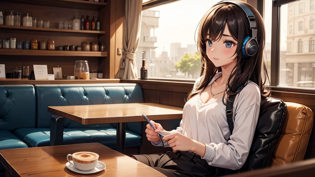 Girl with headphones enjoying music in a cafe I am studying Emphasize a little bit of the chest