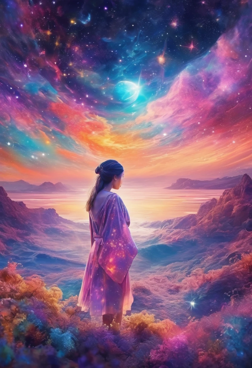 Woman dreaming in a beautiful galaxy,Soft and surreal colors,(Highest quality,4K,High resolution:1.2),Very detailed,Impressionist style,starry skies,Dreamy atmosphere,Gentle moonlight,Space Pattern,Peaceful atmosphere,Subtle changes,Sublime Beauty,Dreamy environment,Quiet Peace,Sleep peacefully in a comfortable bed,A tranquil and otherworldly landscape,Sublime Sky Background,Calm and graceful,Subconscious Journey,Cosmic Inspiration,Vibrant and captivating colors,dreamy abstraction,A magical and enchanting sight,Deep amazement and awe,lucid dream,Galactic Dreamscape,A relaxing and introspective experience,bright shining star,Blissful state of mind,Calm atmosphere,Cosmic Whispers,Mysterious and enchanting,Just drifting away.