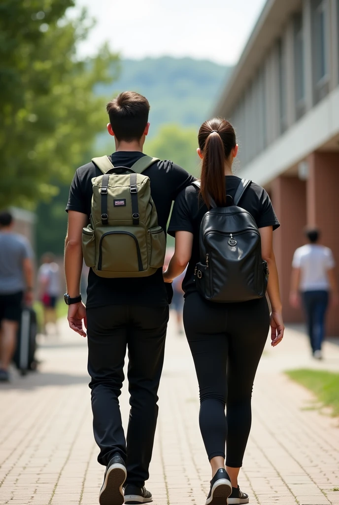 man in a black t-shirt and pants with an army backpack, his right arm is placed on the right shoulder of a woman in a black t-shirt and jogging pants with a black backpack and her hair in a ponytail. They walk on the school pathway