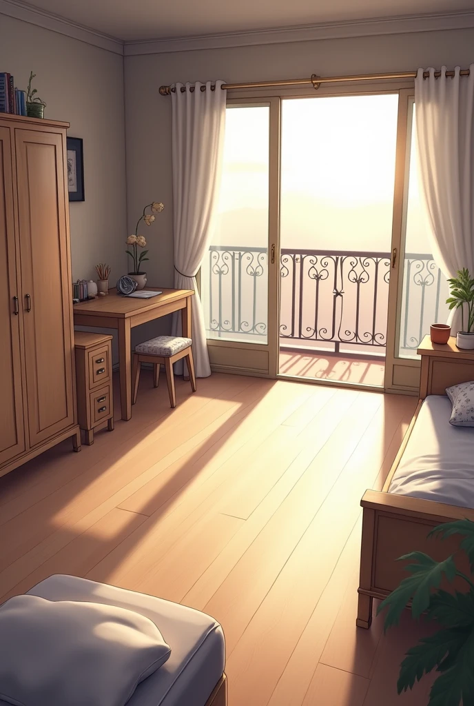 A bedroom with bed, wardrop, study table and balcony without sun light a big room