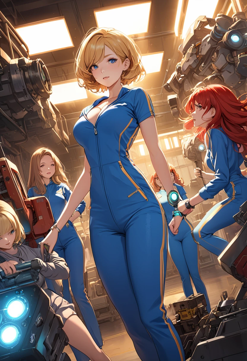 detailed illustration, dynamic angle, ultra-detailed, illustration, lots of women, 4girls, multiple girls, blonde, brunette, red head, long hair, short hair,  and a PipBoy on her wrist, machinery, industrial, inside, florescent lights, teens, milfs, medium breasts, large breasts, cleavage, wearing (blue jump suits with yellow zippers: 1.0)