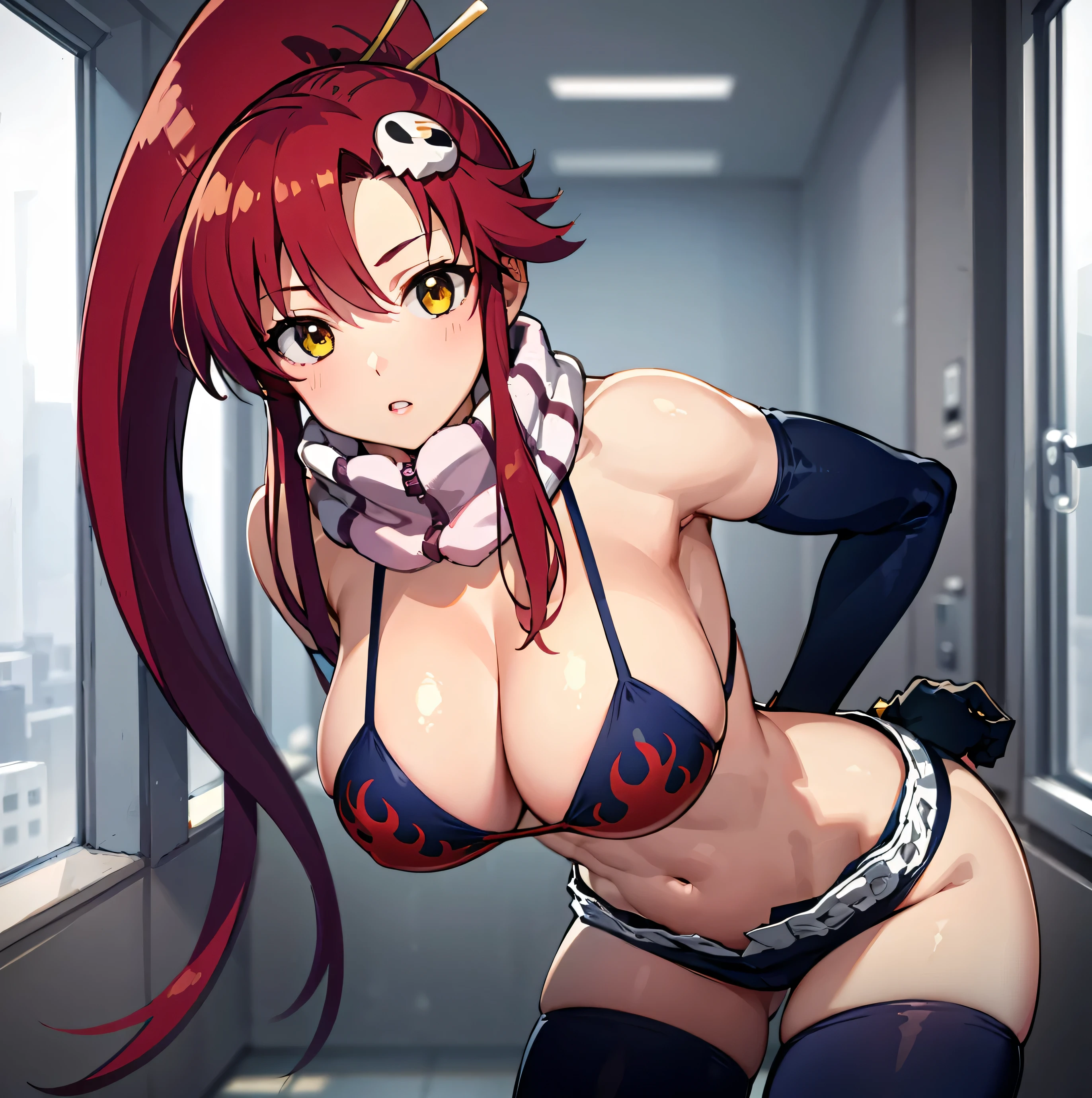 One girl、cool、sexly、solo、black bikini top、Big Breasts、cleavage、had large breasts、Bare shoulders、Black gloves、in a triangle bikini top、Flame print、hair ornaments、Long Hair、Red hair、ponytail、scarf、Shorts、bikini top with an black、Expressionless、Lips parted、Yellow Eyes(zeroの目)、Yoko Ritenour、Yokori、Highest quality、masterpiece、zero、Weak、Are standing、looking at viewer、Cowboy Shot、Female focus、