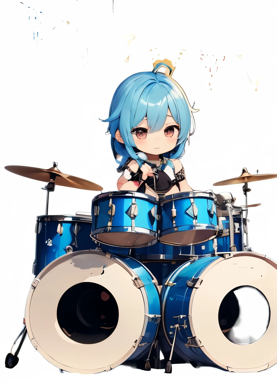 (((Metal Band)))、Drumming hard、Blue-haired chibi character、スティックを持って激しくドラムを叩いてるBlue-haired chibi character、Visual kei costumes、A beautiful depiction using tens of thousands of colors、masterpiece、Ultra HD、super high quality、8k、(((ドラムを叩くBlue-haired chibi character)))、delicate and cute patterned bass drum、Delicate drums、Delicate Cymbals