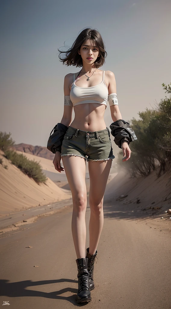 masterpiece,need,lifelike,Bare lower abdomen,Sexy,bandage,Layering,Hollow,Full body image,Feral,Khaki washed distressed shorts,Black hair,Open shoulders,Layering,Long legs,,Wasteland Punk Style,desert,The details of wind and dust are complex,,HD,Photography Lighting,16K
