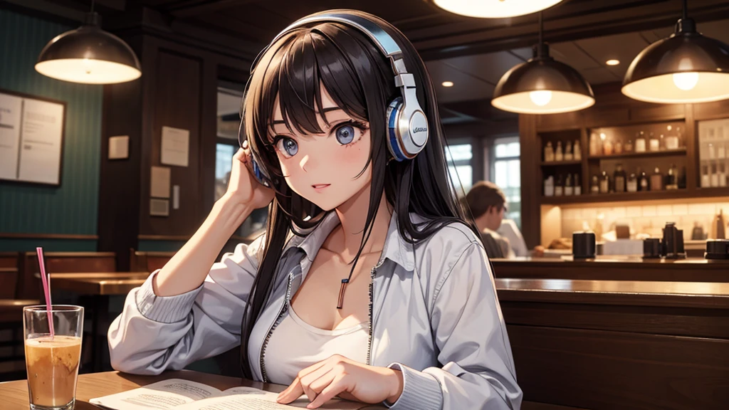 Girl with headphones enjoying music in a cafe　I am studying　Emphasize a little bit of the chest