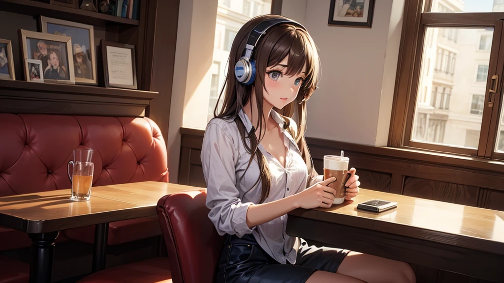 Girl with headphones enjoying music in a cafe　I am studying　Emphasize a little bit of the chest