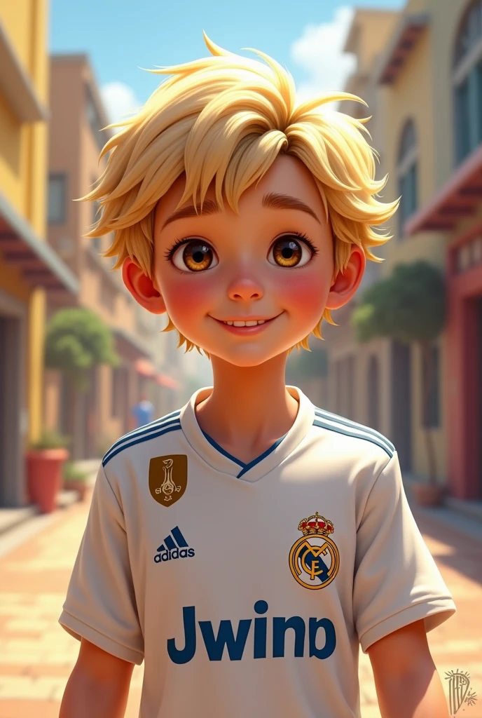 blond boy with brown eyes wearing a real madrid shirt