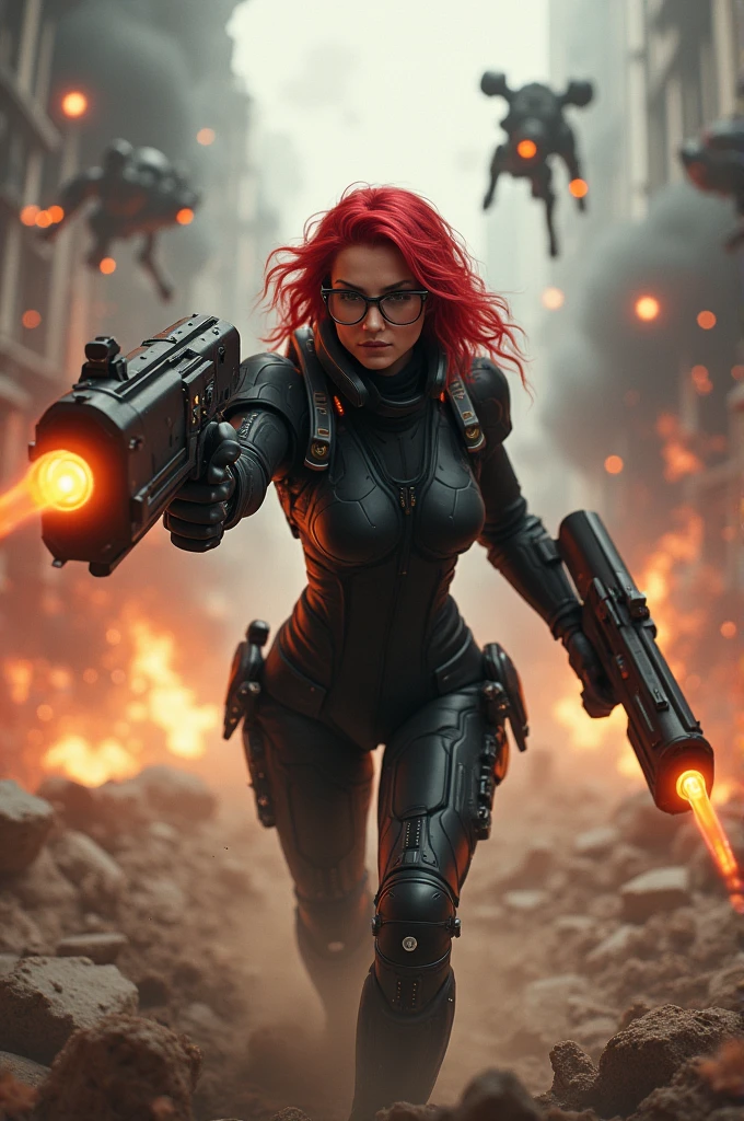 A powerful futuristic woman wearing a black tactical suit, red hair and glasses. He is in an intense action scene, holding large dual-firearms with glowing muzzles, surrounded by a chaotic flying battlefield of debris and explosions. The background is filled with smoke, dust and fire as enemy robots are destroyed in the air, adding to the dynamic and intense atmosphere