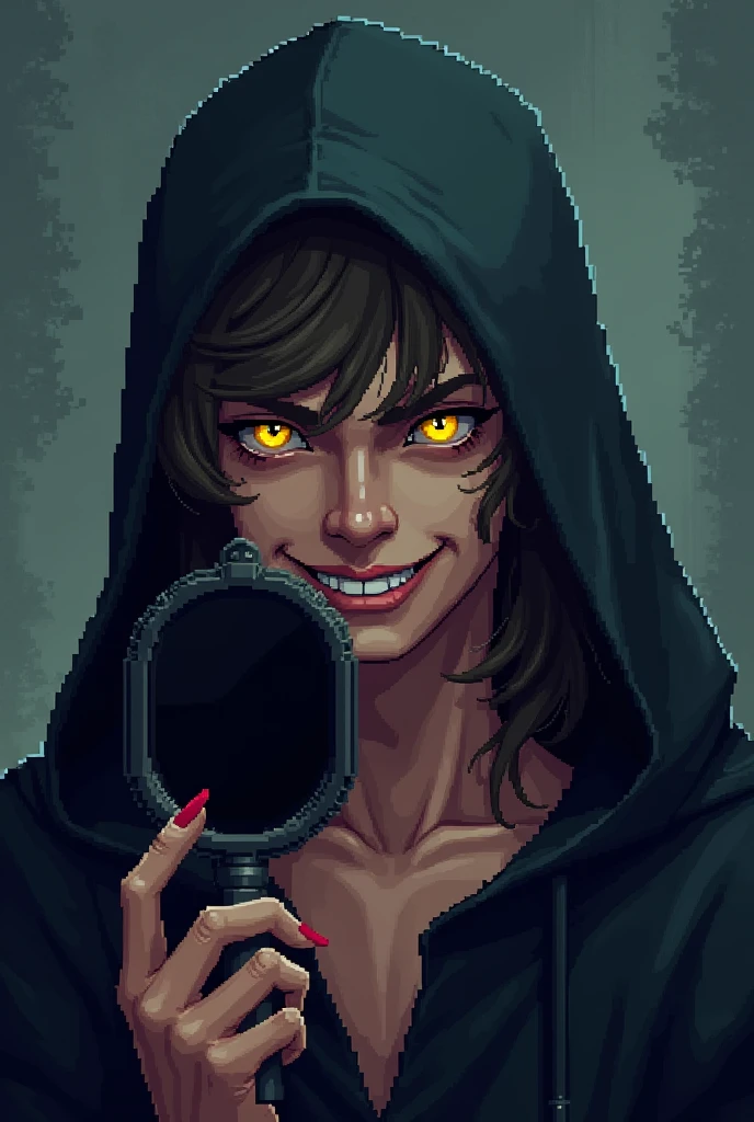 Male half-elf with yellow eyes, ssmile, and a crazy expression wearing a hood and holding a small black PIXEL mirror 