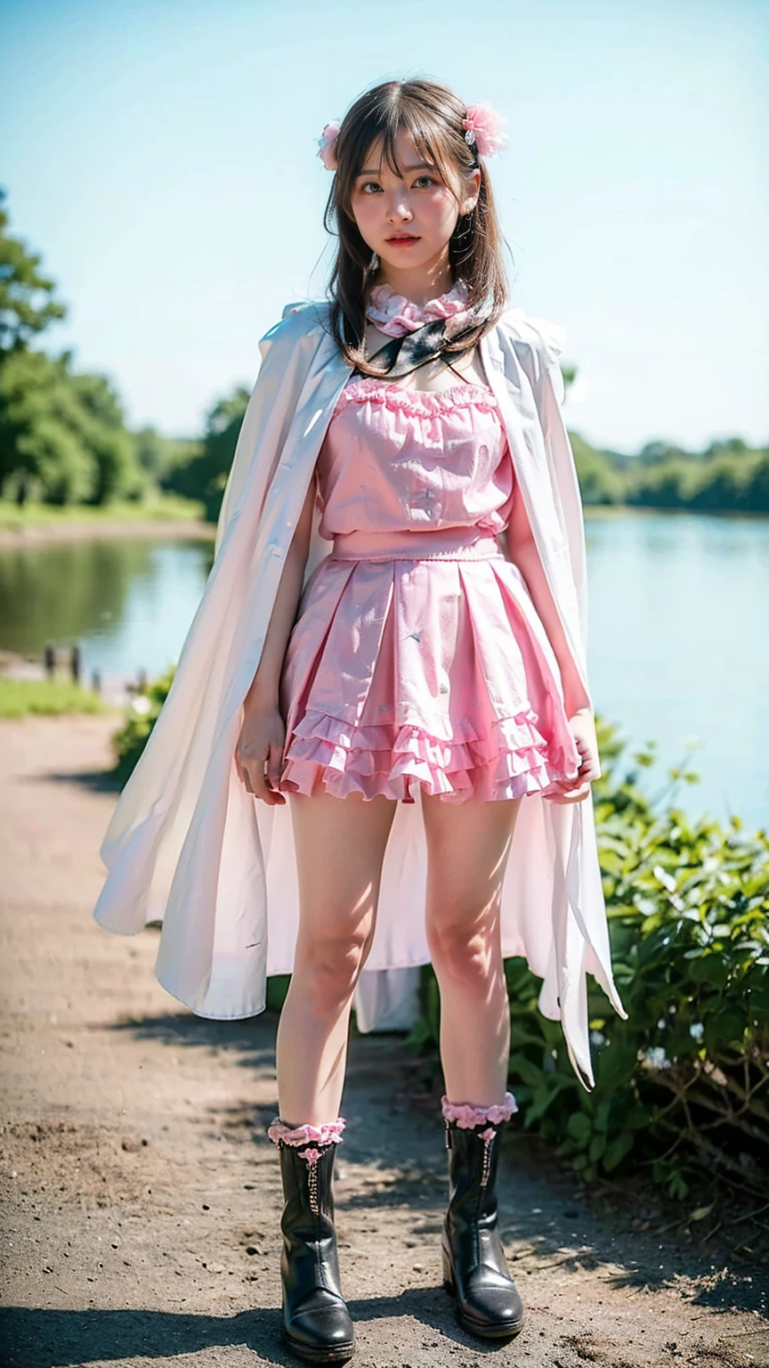 (8k、RAW Photos、Highest quality、masterpiece:1.2)、(Realistic、Realistic)、1 person、((Black and Pink、Frills、Cape、mini skirt、Thin legs、whole body、boots、View from the front、Looking into the camera、Stand with hands on hips))、cute