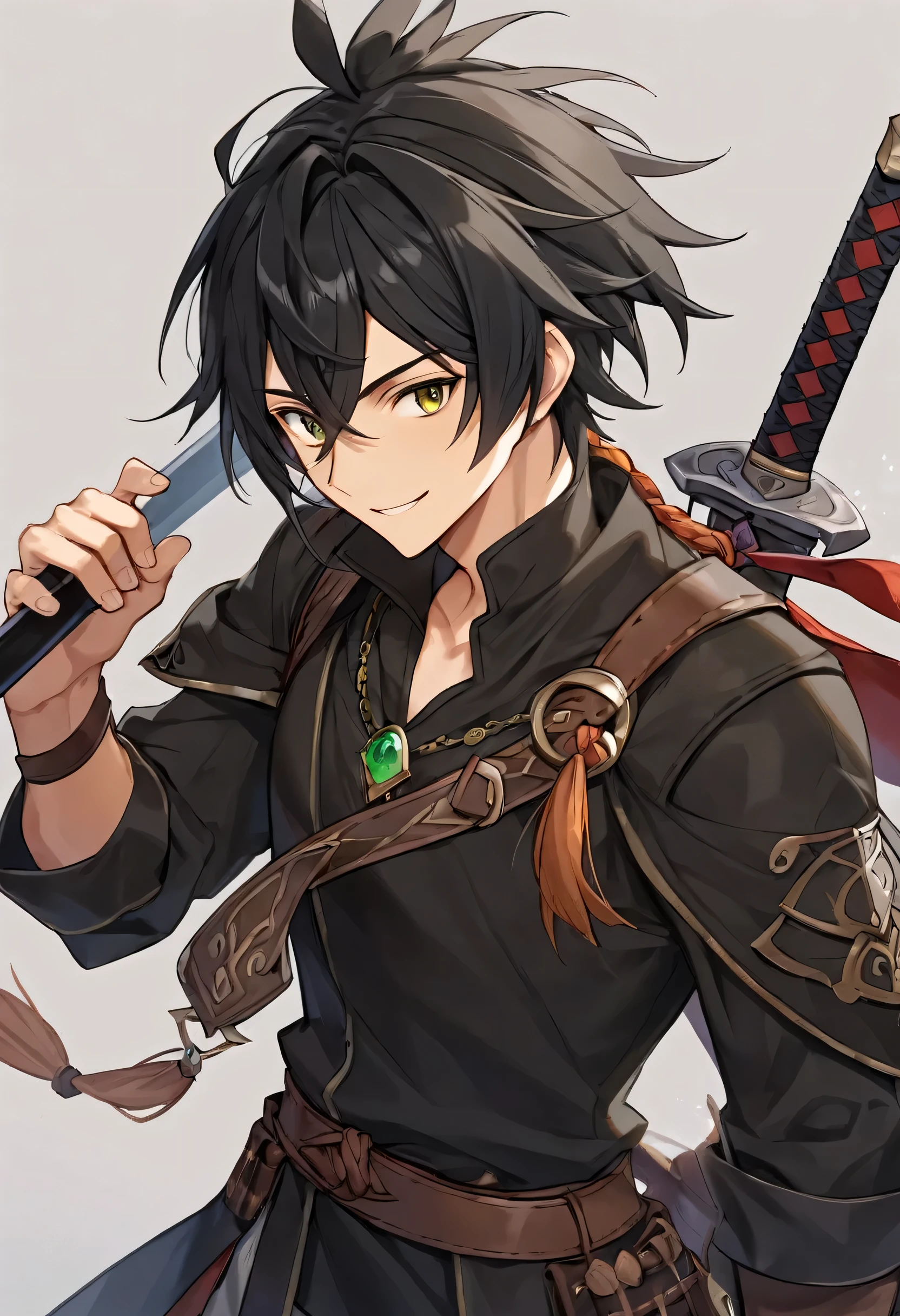 human male, dnd, adventurer, black hair, black cloth, smirk, sword, tan skin